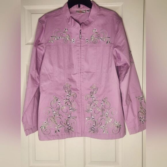 Quacker Factory XL Shell Pink Pearly Floral Embellished Zip Front Women Jacket - Picture 1 of 12